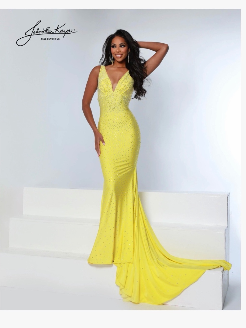 Jonathan Kayne Lemon V-Neck Mermaid Prom Dress
